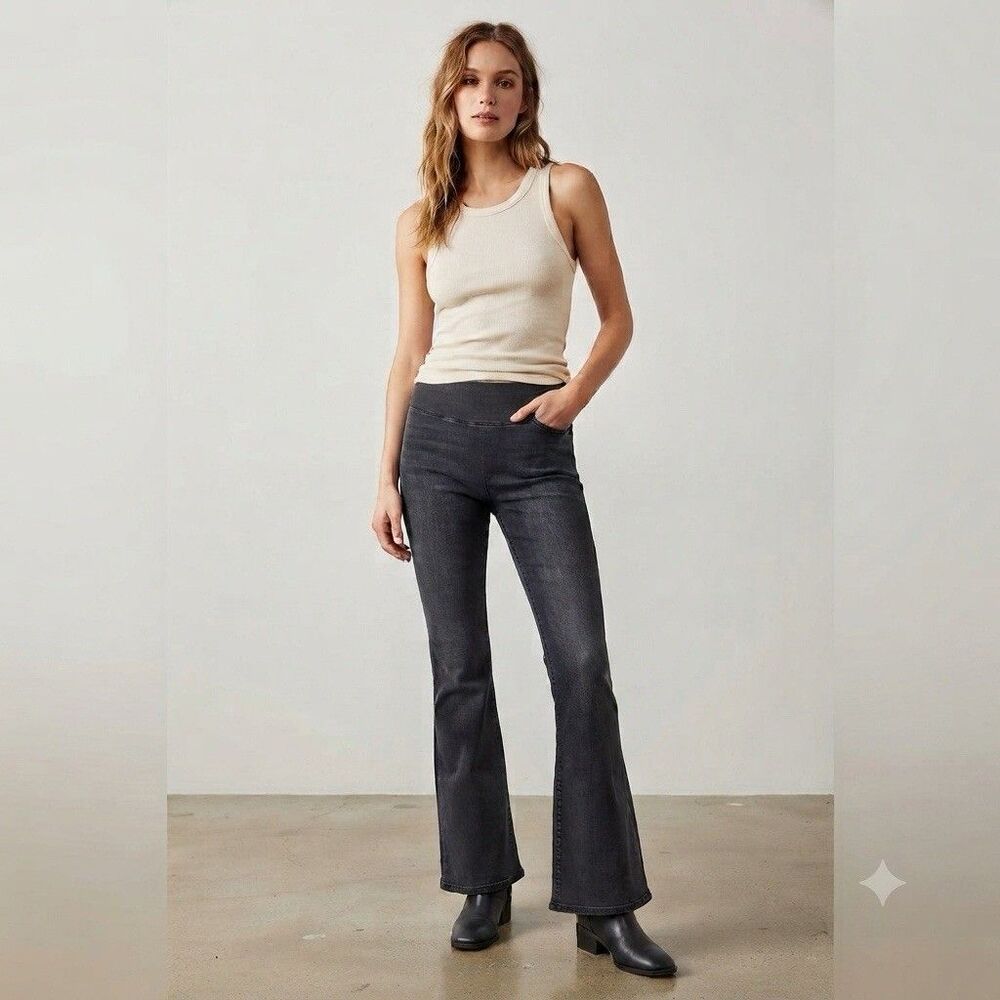 Free People Penny Pull-On Flare Jeans Washed Black W 28 Cotton Blend Boho Hippie